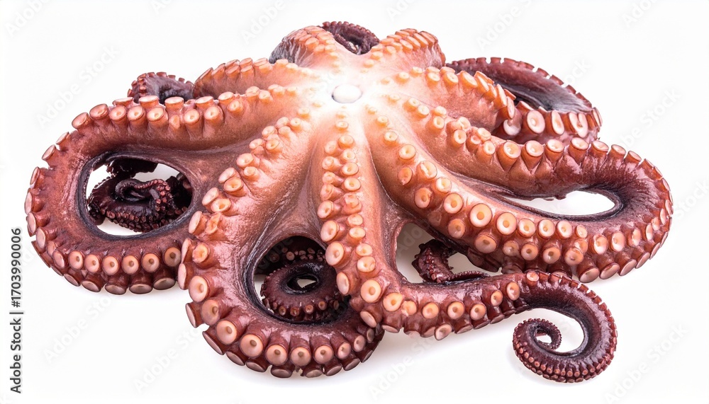 Obraz premium Octopus with soft rounded body long flexible tentacles suction cups and intelligent sea creature appearance isolated on white background 
