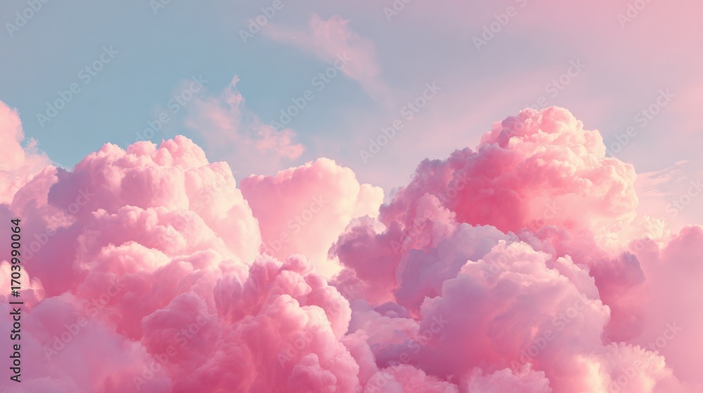 Fototapeta premium Soft pink clouds float peacefully in the sky as the sun sets, casting a warm and dreamy glow over the landscape. This serene moment evokes a sense of calm and wonder.