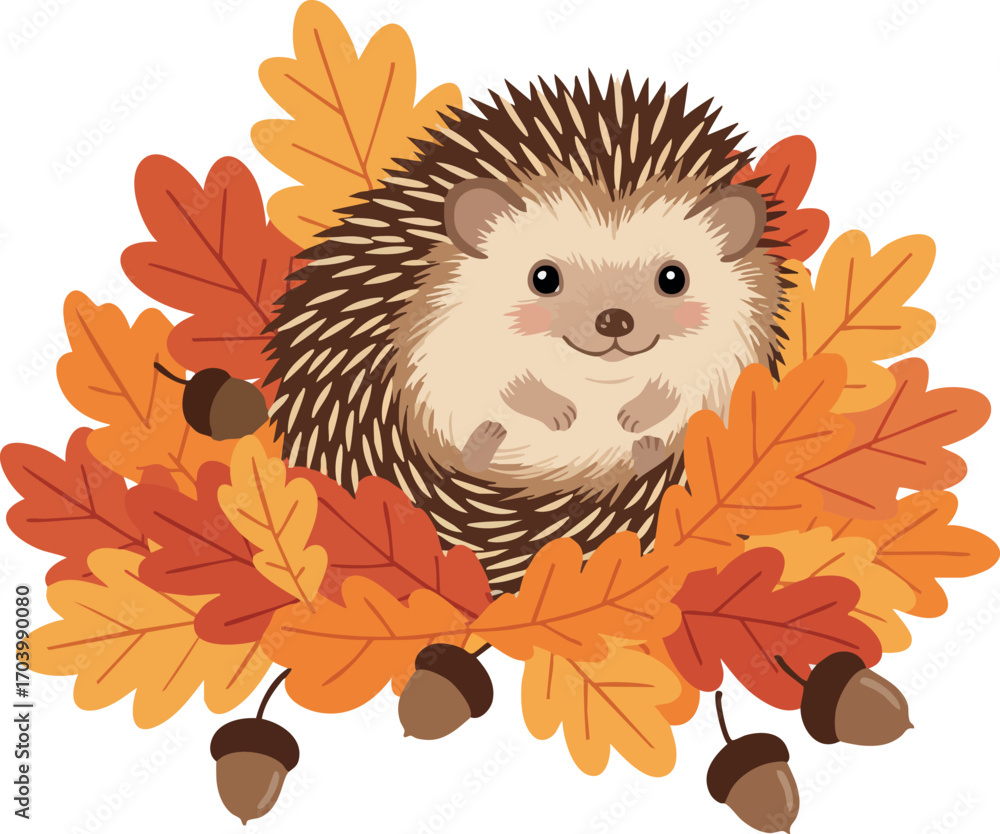 Fototapeta premium Hedgehog resting on colorful autumn leaves with acorns in warm fall colors vector illustration