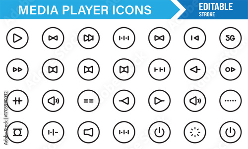 Vector media player icons – play, pause, stop, forward, rewind, shuffle, repeat, and power buttons