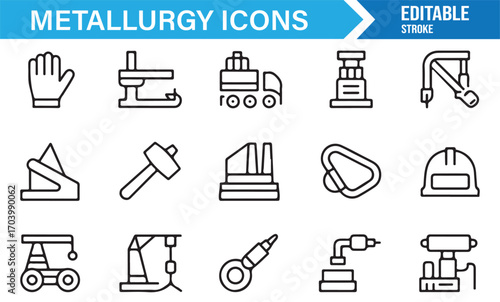 Metallurgy outline icons – collection of hammer, drill, conveyor, gear, and crane industry equipment