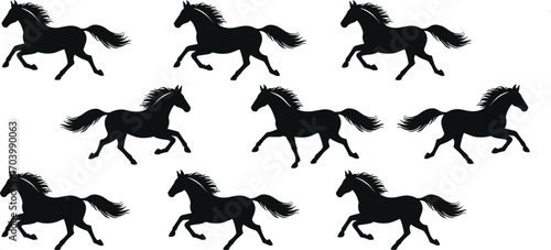 Set of black horse running silhouettes in various dynamic poses, perfect for equestrian, wildlife, vector art, nature, and motion design projects.