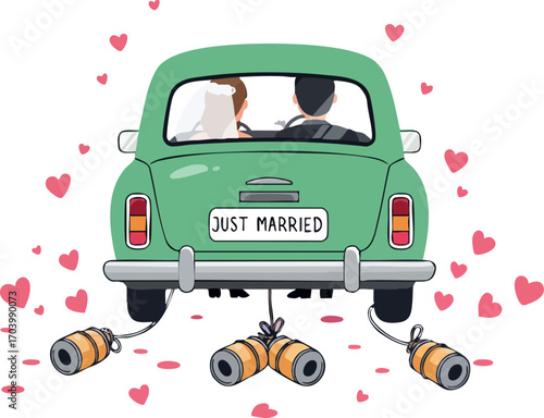 Green vintage car just married with couple inside and cans tied to bumper celebrating wedding day love and happiness illustration