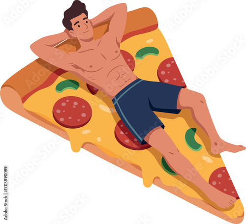 Man Relaxing on Large Pizza Slice Vector Illustration Showing Leisure and Fun Lifestyle
