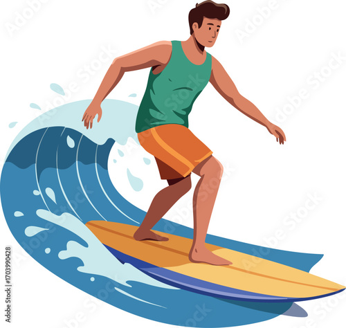 Surfer riding ocean wave on yellow surfboard in active summer water sport vector illustration