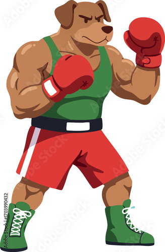 Muscular dog boxer character wearing red gloves green shoes and red shorts vector illustration