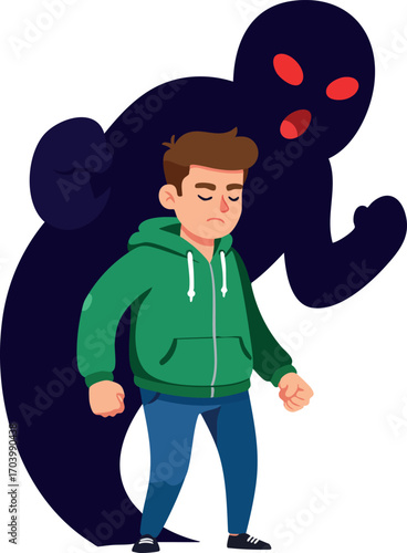 Young man struggling with anxiety shadow behind him vector illustration of mental health and stress concept