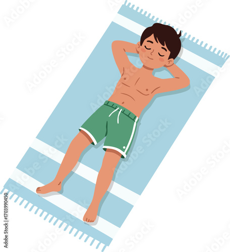 Boy resting on towel with eyes closed wearing green shorts relaxing on beach or poolside vector design