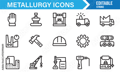Metallurgy vector icon pack – industrial machines, safety equipment, and foundry tools in line style