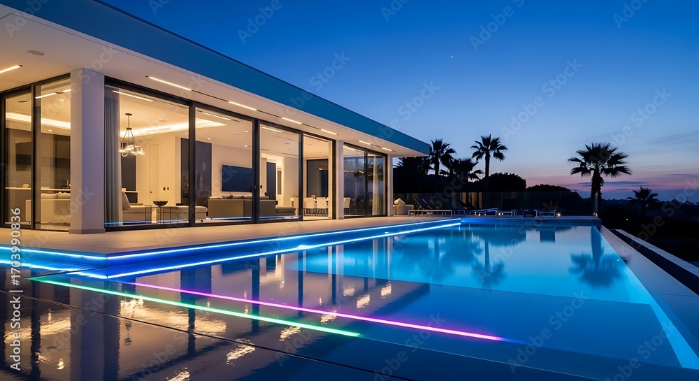 Fototapeta premium Modern villa with infinity pool illuminated at twilight, serene luxury