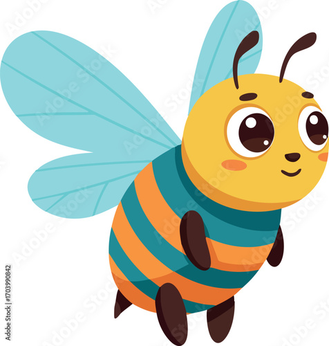Cute flying bee cartoon with blue wings and striped body in vector style for kids and nature designs