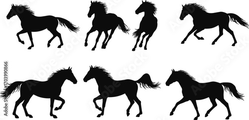 Set of black horse running silhouettes in various poses, perfect for equestrian vector designs, wild nature themes, and animal prints.