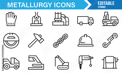Vector metallurgy illustrations – icons of hammer, crane, conveyor, drill, chain, gear, and production elements