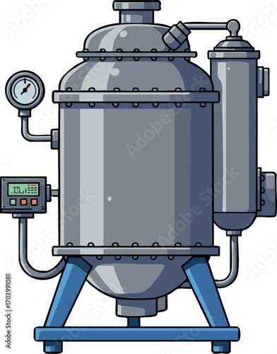 Industrial distillation column with pressure gauge and control panel vector illustration for chemical processing and manufacturing equipment design