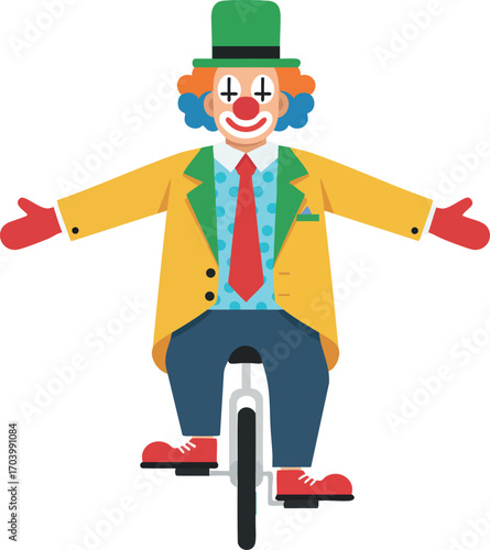 Clown in colorful costume riding unicycle with green hat yellow jacket and red shoes vector illustration
