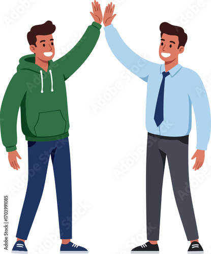 Two young men giving high five casual and business style celebrating success teamwork and friendship vector illustration