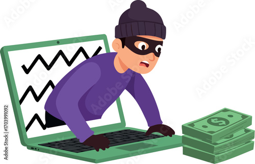 Hacker Emerging from Laptop Stealing Money Concept Cybercrime and Online Theft Illustration Vector