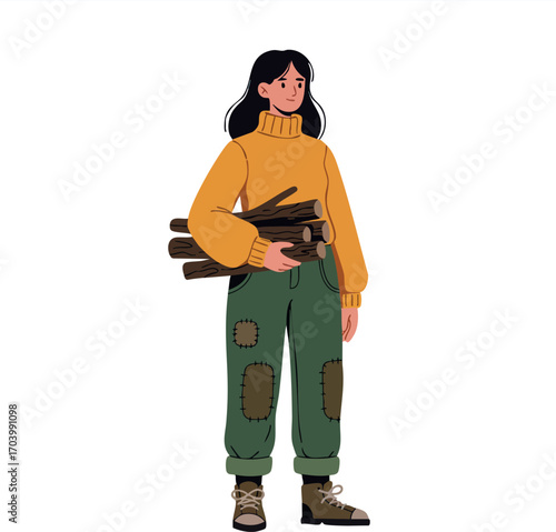 Young woman carrying firewood wearing yellow sweater and green patched pants vector illustration in casual outdoor style