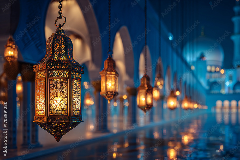 Fototapeta premium Amber lanterns glow softly, showcasing Arabic design and textures, perfect for religious event backgrounds or elegant cinematic visuals.