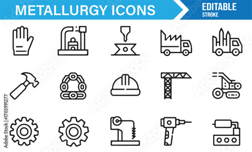 Metallurgy icon set – vector collection of hammer, gear, crane, drill, chain, and factory line symbols