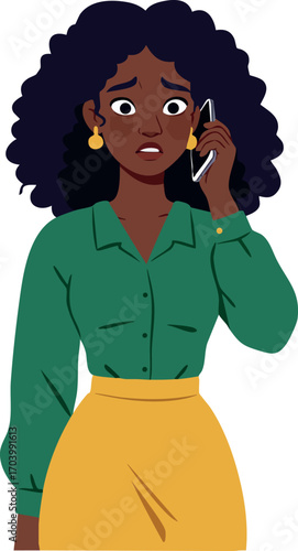 Worried young woman talking on phone with anxious expression wearing green blouse and yellow skirt vector illustration