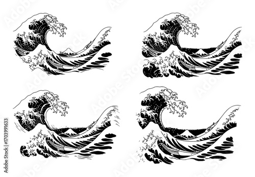 Four Black and White Illustrations of Japanese Waves with Mount Fuji