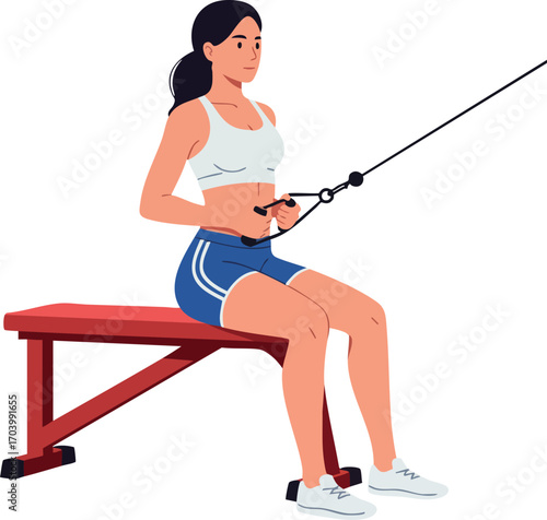 Woman exercising with cable machine on bench fitness workout training vector illustration