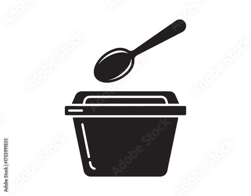 Takeout container for hot food, black icon. Soup pack for takeaway with a spoon. Instant meal in a plastic package for convenience. Silhouette symbol.