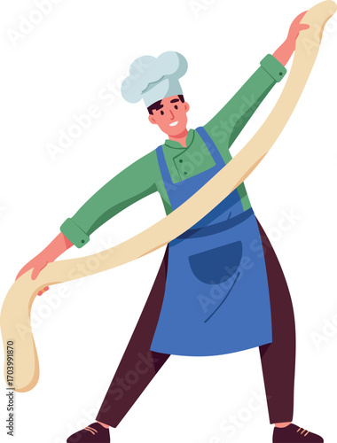 Chef stretching dough for pizza or bread preparation in kitchen wearing apron and hat vector illustration