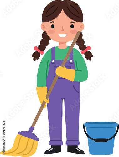 Girl cleaning with mop and bucket wearing purple overalls and yellow gloves vector illustration