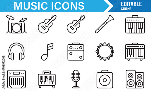 Vector music illustration icons – collection of audio instruments, sound devices, and entertainment symbols