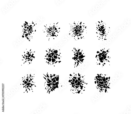 Collection of Abstract Black Splatter and Fragmented Shapes on White Background