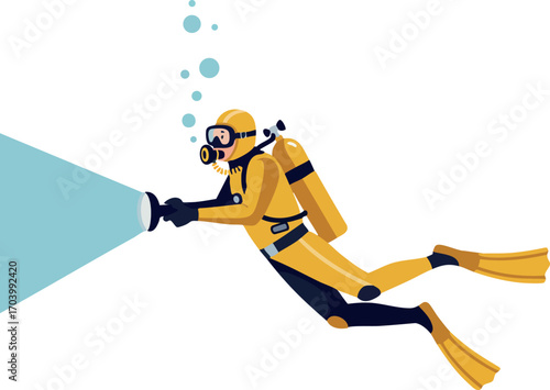 Scuba diver underwater with flashlight exploring deep sea in yellow diving suit and fins vector illustration