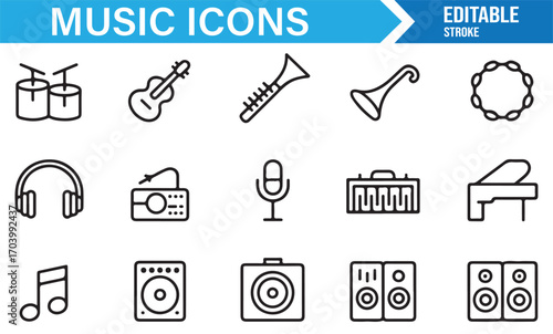 Vector music icons set – sound note, piano keys, amplifier, stereo system, and audio instrument illustrations