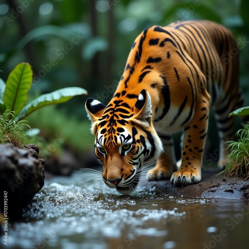 Wild tiger drinking from flowing stream
