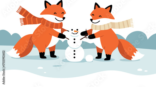 Foxes building snowman in winter snowy landscape wearing scarves playful vector illustration