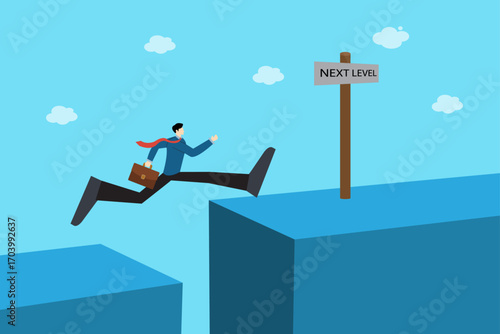 Businessman jumping over gap to next level career growth success ambition flat vector illustration