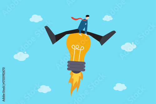 Businessman riding rocket lightbulb creative startup innovation success flat vector illustration