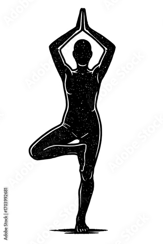 Elegant black silhouette of a woman performing Vrikshasana (Tree Pose) in yoga, illustrating perfect balance, mindfulness, and serene inner peace. Ideal for wellness, fitness, spiritual designs, and h