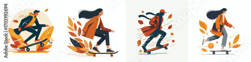 vector of a person playing skateboard in autumn