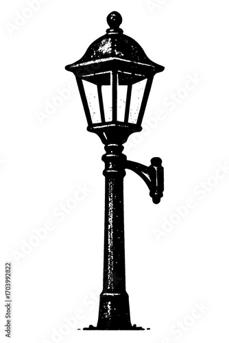 Classic Vintage Street Lamp Engraving: Ornate Cast Iron Lamppost Design with Traditional Lantern Head, Perfect for Historical Lighting Concepts, Urban Heritage Graphics, and Architectural Illustration