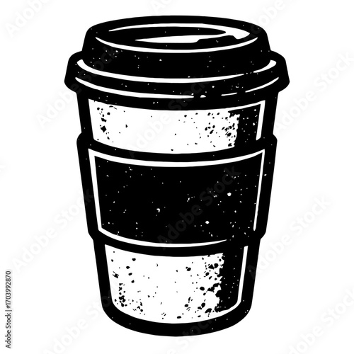 Distressed Black and White Disposable Coffee Cup Icon with Lid and Sleeve Vector Art - Perfect for Cafe Branding, Hot Beverage Logos, Coffee Shop Graphics, and Modern Vintage Designs, Illustrating On-