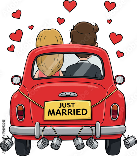Just married couple driving red car with heart symbols celebrating wedding day love and happiness vector illustration