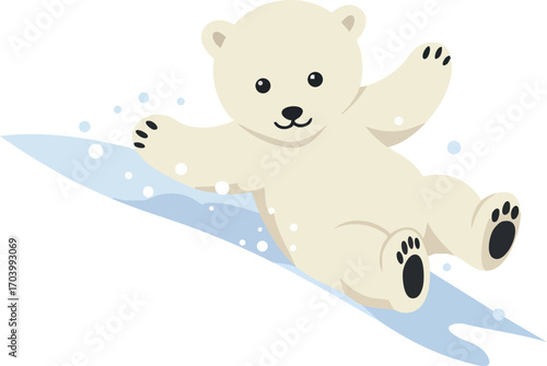 Polar bear cub sliding on ice vector illustration with playful expression and white background