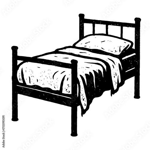 Classic Black and White Illustration of a Traditional Single Bed with Headboard and Footboard, Featuring a Cozy Pillow and Blanket. Perfect for Vintage Home Decor, Rustic Bedroom Designs, and Minimali