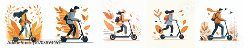 vector of a person riding an electric scooter in autumn