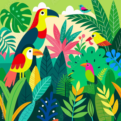 Flat vector stylized tropical jungle scene with exotic birds and leaves