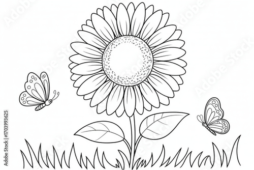 Charming line art illustration of a blooming sunflower with two playful butterflies fluttering around in a grassy meadow.