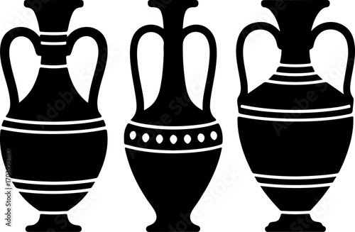 Sketch of three antique amphorae and vases vector illustration