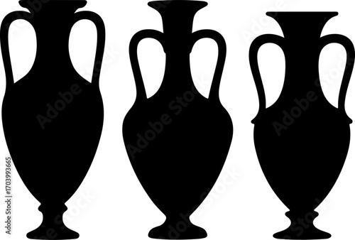 Sketch of three antique amphorae and vases vector illustration